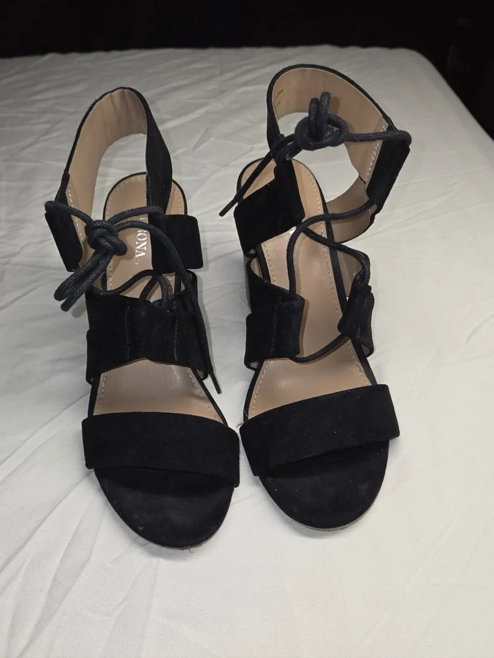 MERONA Black Suede Lace-Up Block Heel Sandals